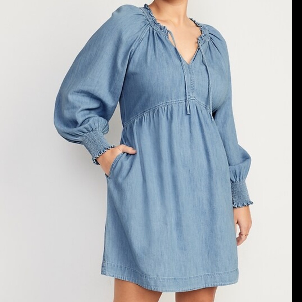 Blue Puff-Sleeve Denim Dress